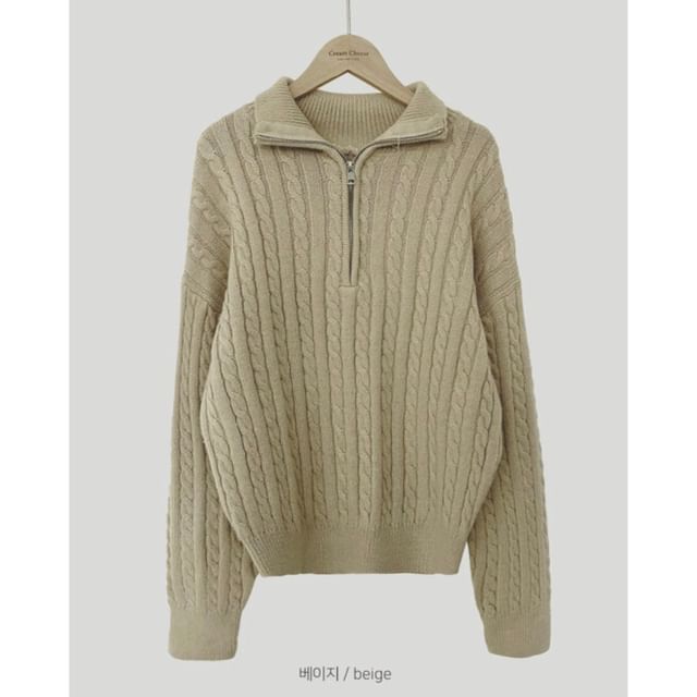 PINPI - Long-Sleeve Plain Half-Zip Cable Knit Sweater | YesStyle