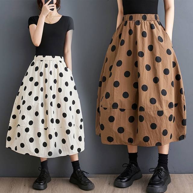 Lewwe-Elastic Waist Dotted Midi A-Line Skirt