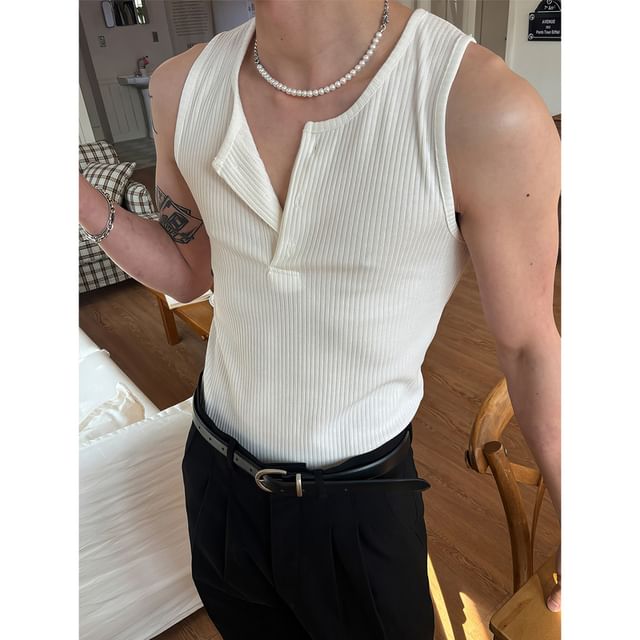 Okwano-Henley Plain Ribbed Tank Top