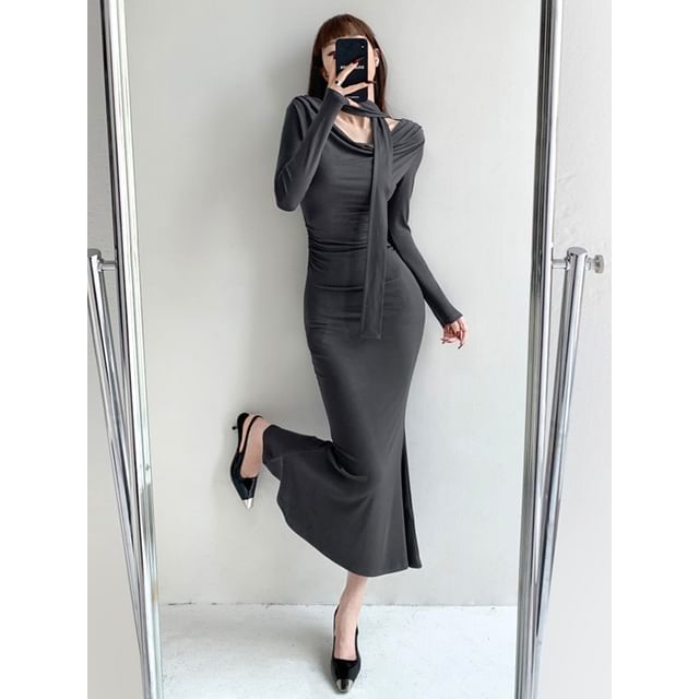Shira - Cowl-Neck Mermaid Maxi Dress with Scarf | YesStyle