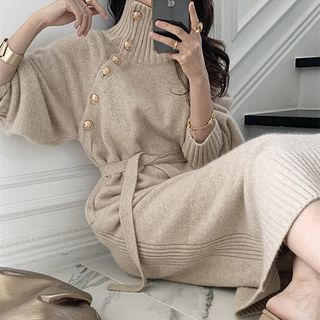 Yupina Turtleneck Plain Sashed Midi Sweater Dress Sale