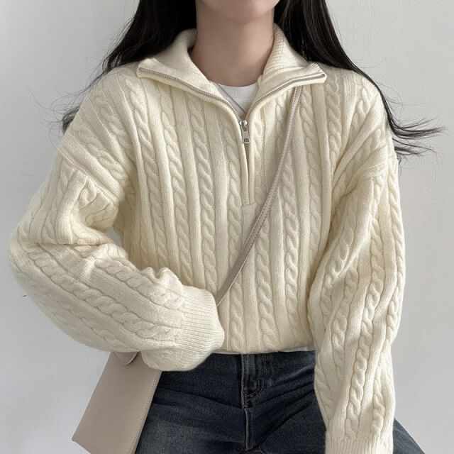 darkroesin - Long-Sleeve Plain Half-Zip Cable Knit Sweater