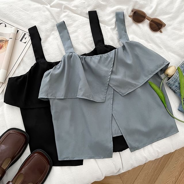 DIYI-Plain Asymmetrical Ruffle Trim Slit Crop Cami Top