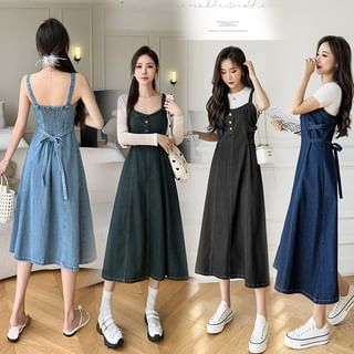 Frigga Henley Bow Back Denim Midi Jumper Dress Sale