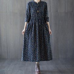 Iscat - Long-Sleeve Floral Print Midi A-Line Dress