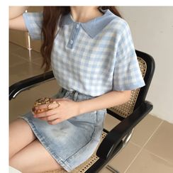 Sisyphi - Plaid Short-Sleeve Knit Polo Shirt Sisyphi - Plaid Short-Sleeve Knit Polo Shirt