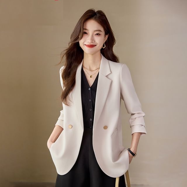 Skyheart-Lapel Collar Plain Double Button Blazer