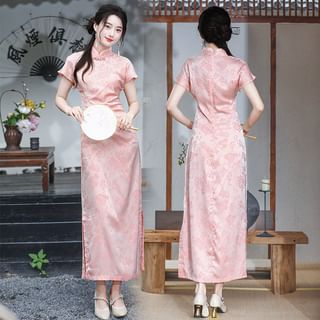 Tangier Short-Sleeve Mandarin Collar Floral Print Maxi Cheongsam Sale