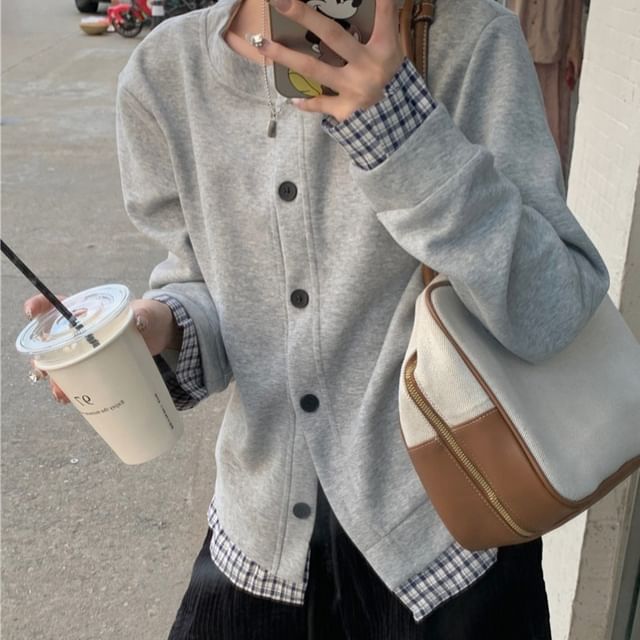 Beem-Crew Neck Mock Two-Piece Plaid Panel Button-Up Jacket