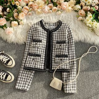 Yearnin Houndstooth Contrast-Trim Tweed Blazer Sale