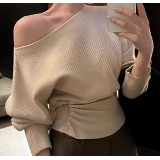 Trendycas-One-Shoulder Plain Ribbed Sweater