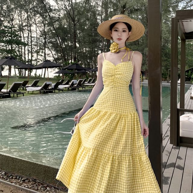 Juuri - Spaghetti Strap Plaid Ruched Panel Maxi A-Line Dress | YesStyle