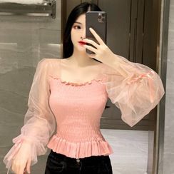 Edifil - Puff-Sleeve Mesh Blouse Edifil - Puff-Sleeve Mesh Blouse