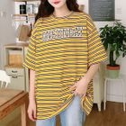 Pickxy - Elbow-Sleeve Letter Striped T-Shirt