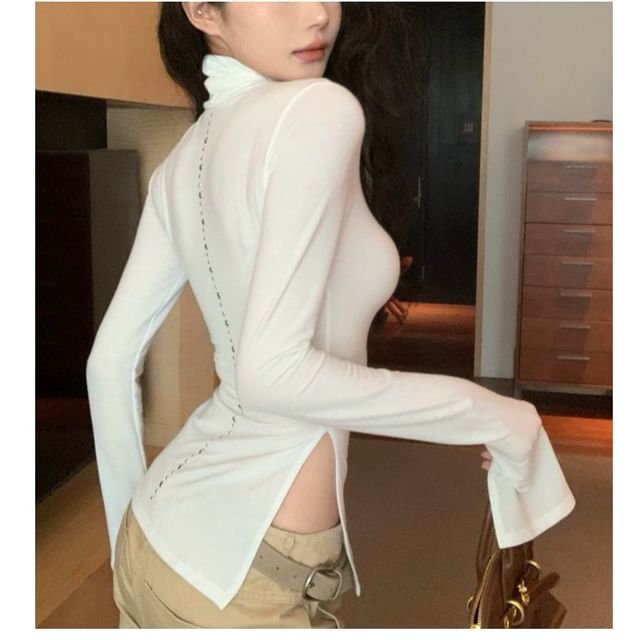Whoosh-Flared-Sleeve Turtleneck Plain Side-Slit T-Shirt