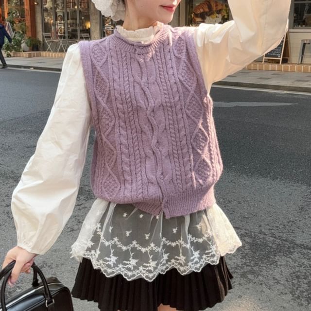 Trendycas-Crew Neck Plain Cable Knit Button Sweater Vest Long-Sleeve Frill Trim Blouse