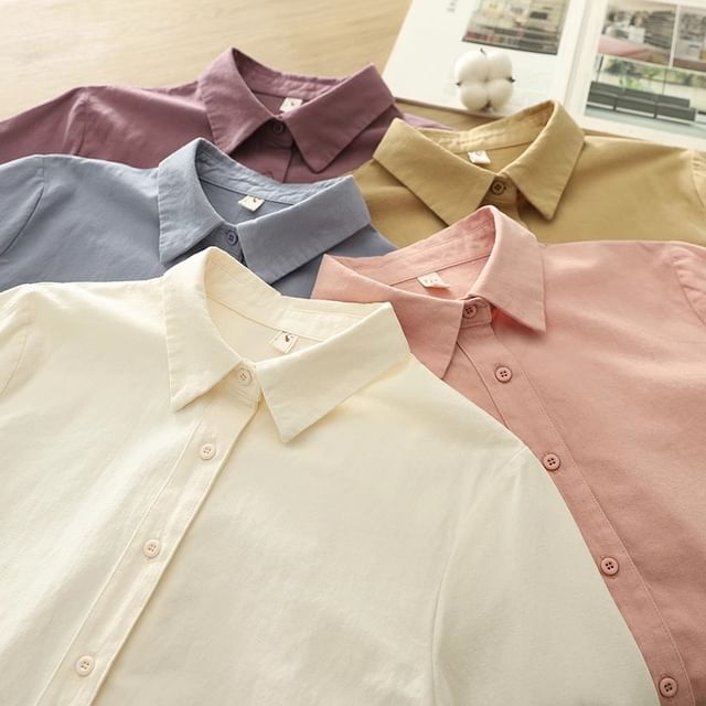 PANDAGO-Plain Button-Up Shirt