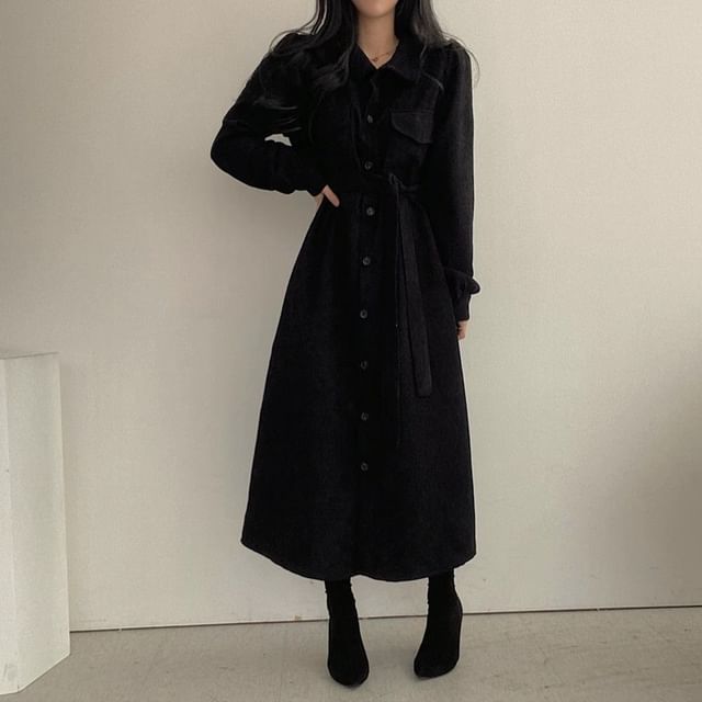 Cloud Nine-Long-Sleeve Collared Plain Tie Waist Button-Up Corduroy Midi A-Line Dress