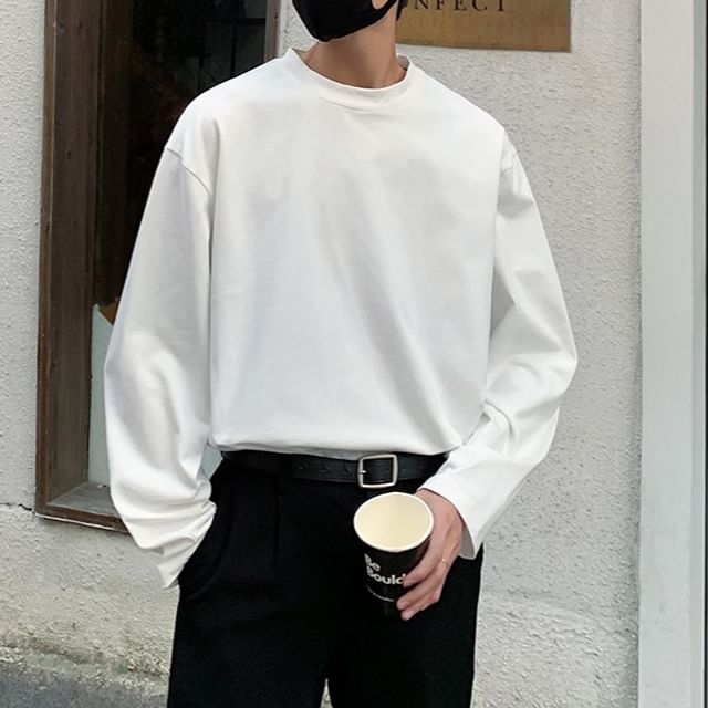 POSI-Long-Sleeve Crew Neck Plain T-Shirt
