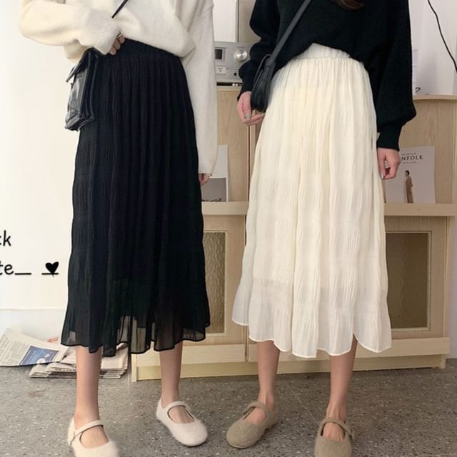 Sisyphi-High Rise Plain A-Line Pleated Midi Skirt