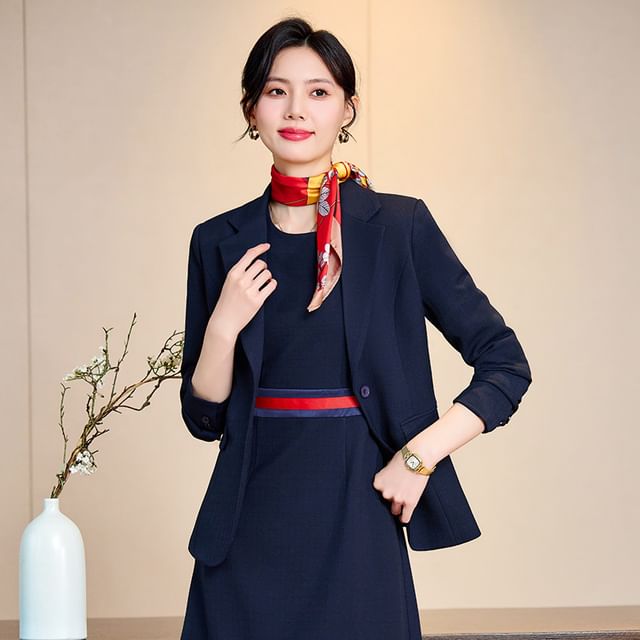 Skyheart-Notch Lapel Plain Single Breasted Blazer Elbow Sleeve Round Neck Striped Mini A-Line Dress