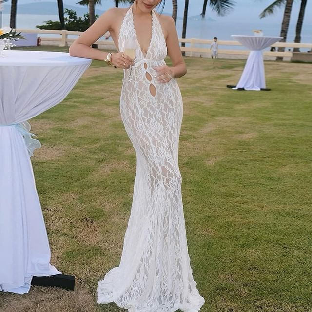 sachin and babi light blue dress Deep V-Neck Halter Elegant Fishtail Maxi Dress main image 1