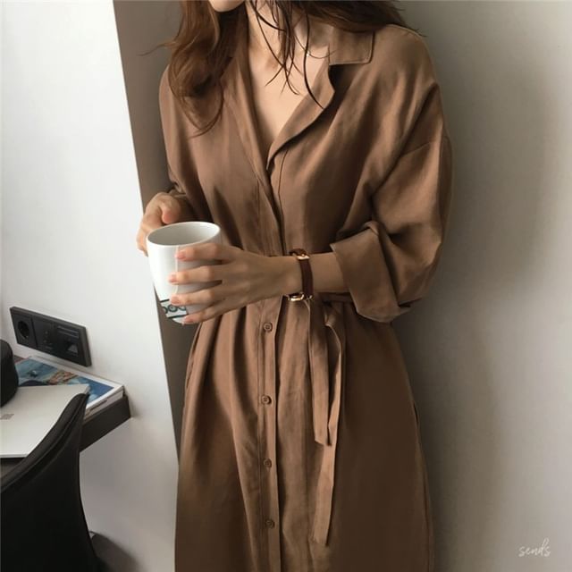 Happo-Long-Sleeve Collared Plain Midi Shirt Dress