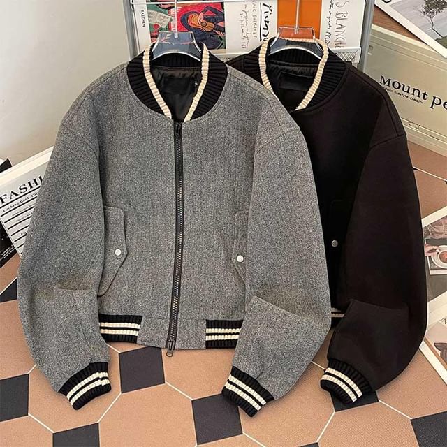 Whyessa-Plain Contrast Trim Zip Baseball Jacket