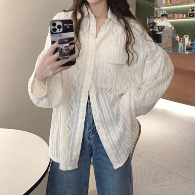 MIKIGA-Long Sleeve Collared Plain Hollow Out Button Up Shirt