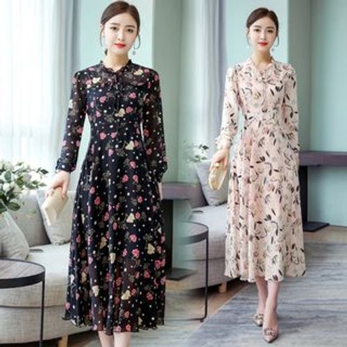 Glaypio - Long-Sleeve Floral Chiffon A-Line Midi Dress | YesStyle