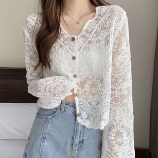 Happo Long-Sleeve V-Neck Button-Up Lace Blouse