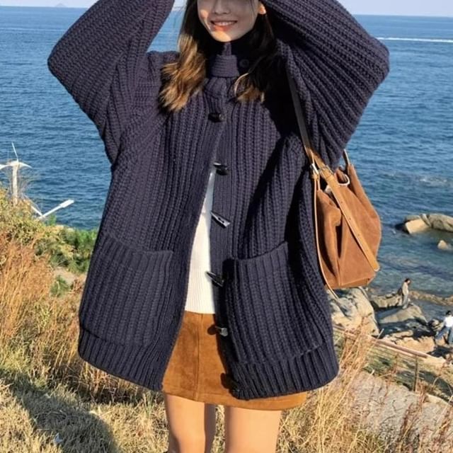 Shinsei-Turtleneck Plain Cable Knit Cardigan