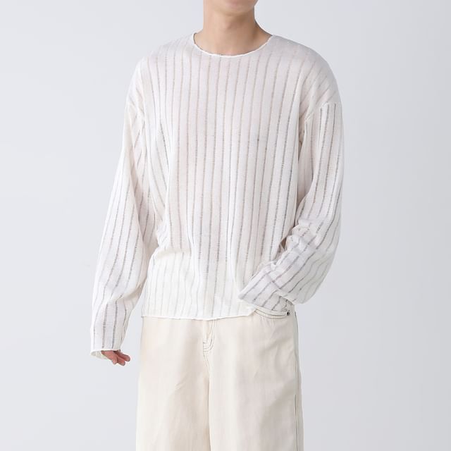 mopagrati-Long-Sleeve Crew Neck Plain Perforated Knit Top