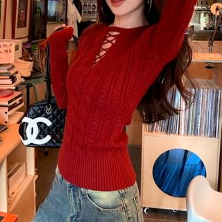 Gilmort-Crew Neck Plain Cutout Cable Knit Sweater