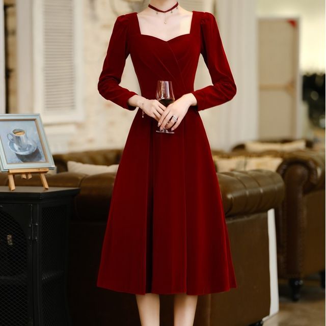 Glacia Long-Sleeve Square Neck Plain Midi A-Line Dress YesStyle