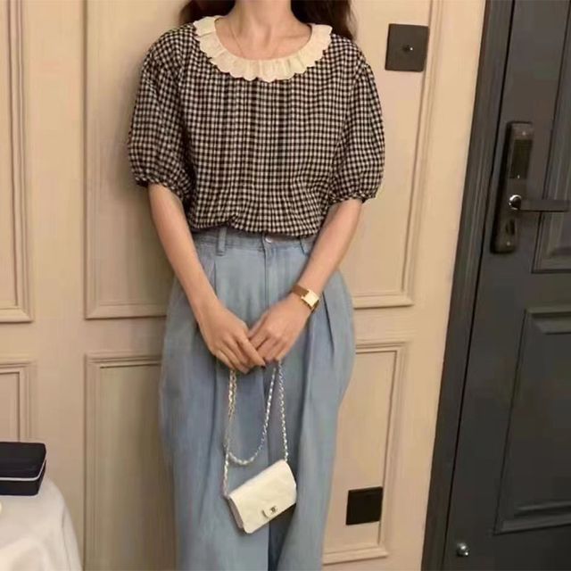 Everose-Short-Sleeve Plaid Blouse