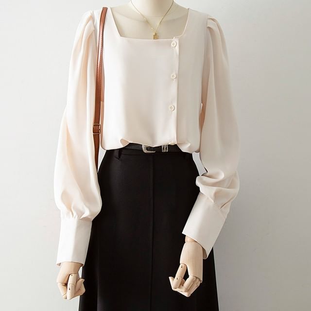Cossita-Long-Sleeve Square Neck Plain Blouse