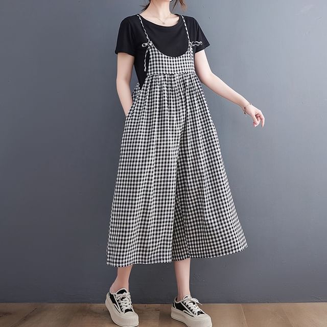 Lewwe-Spaghetti Strap Gingham Cropped Wide Leg Jumper Pants