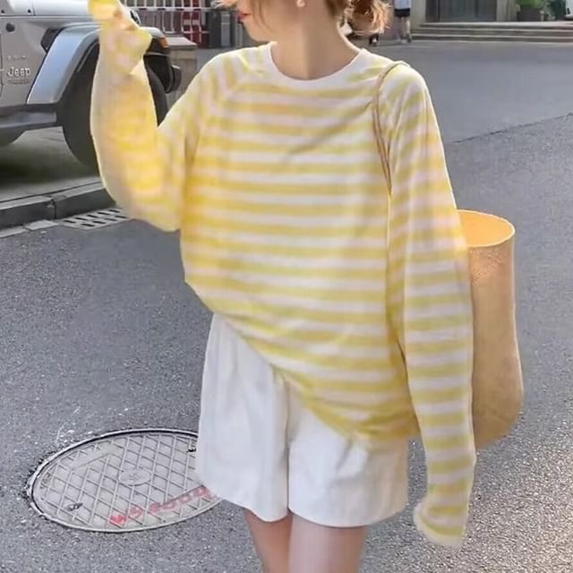 KUMI-Long-Sleeve Round Neck Striped Tee
