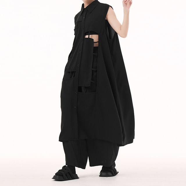 KUMI-Sleeveless Collared Plain Cutout Button Long Shirt