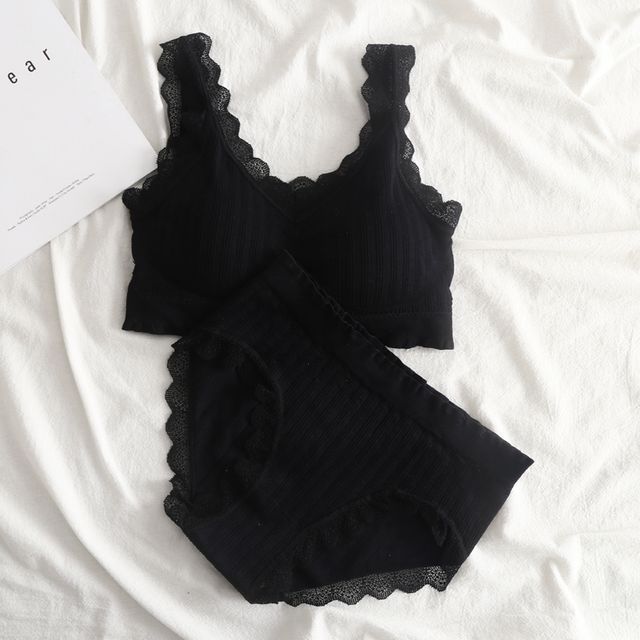 camikiss-Set Lace Trim Wireless Bra Panties
