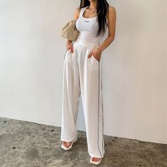 LIPHOP - Band-Waist Piped Wide-Leg Pants LIPHOP - Band-Waist Piped Wide-Leg Pants