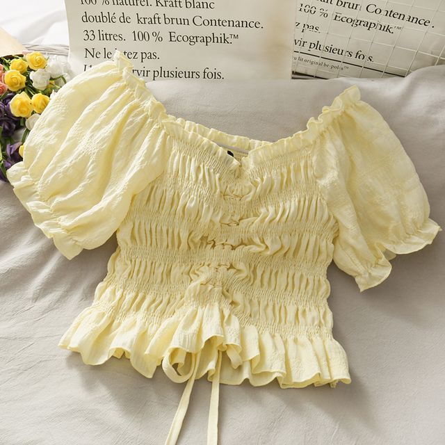 Lemongrass-Boatneck Drawstring Smocked Crop Top