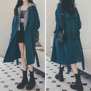 Ango Mock Two-Piece Hooded Midi Double-Breasted Trench Coat