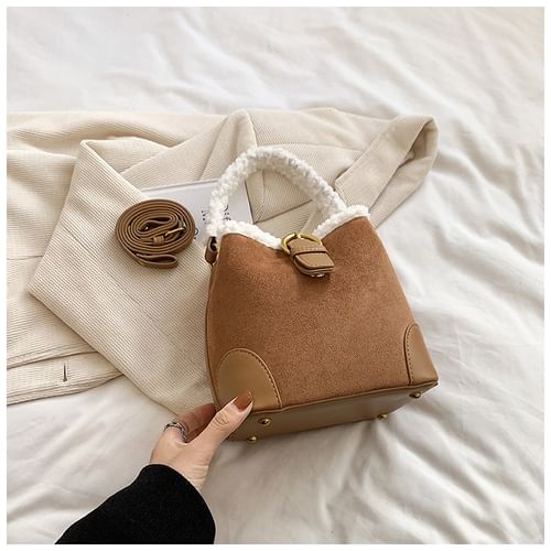 Rethel Faux Shearling Top Handle Buckled Bucket Bag YesStyle