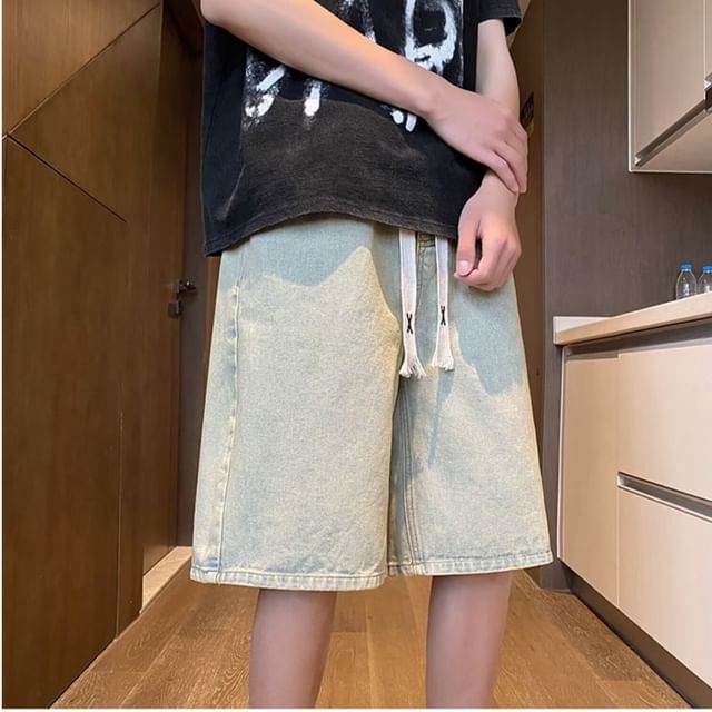 Maxelane-Drawstring Waist Washed Denim Shorts