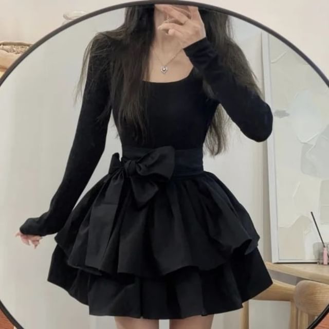 long sleeve layered a line mini dress in black Black Long Sleeve Tiered Yuki Jersey Mini Dress main image 0