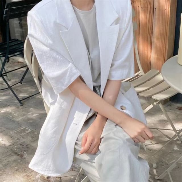 Everose-Short-Sleeve Plain Single-Breasted Blazer
