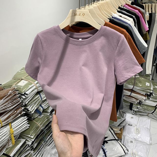 KUMI-Short-Sleeve Crew Neck Plain Tee