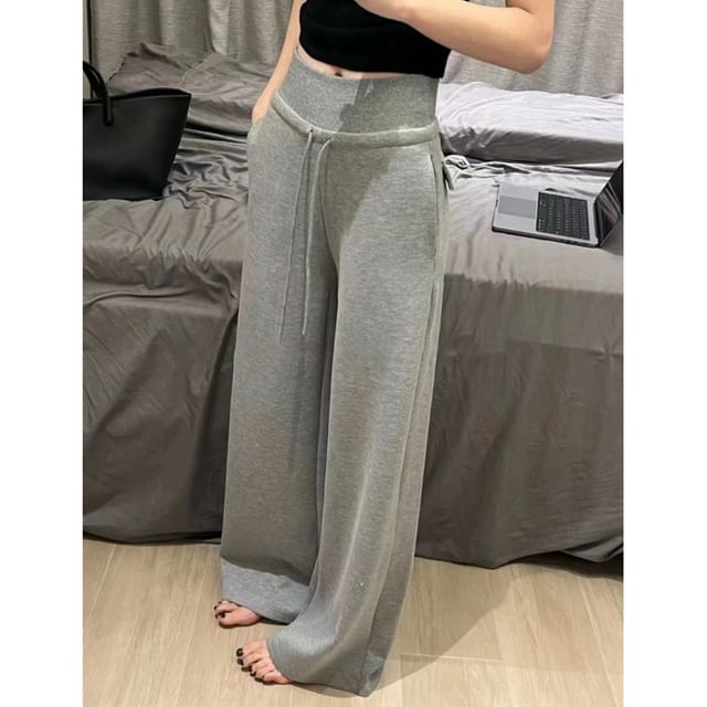 NENE-Mid Waist Plain Wide Leg Pants